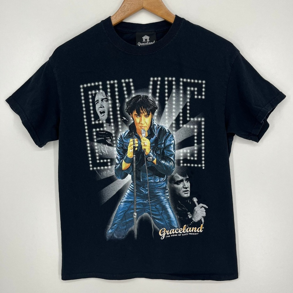 Graceland Elvis Presley Graphic T-Shirt Black Adult Medium Rock and Roll Tee